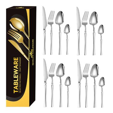 Повний набір столових приборів з нержавіючої сталі, багаторазові столові прибори - 16 предметів столових приборів з нержавіючої сталі, для кухні, обіду, домашнього приготування їжі, обіду, подорожей, кемпінгу