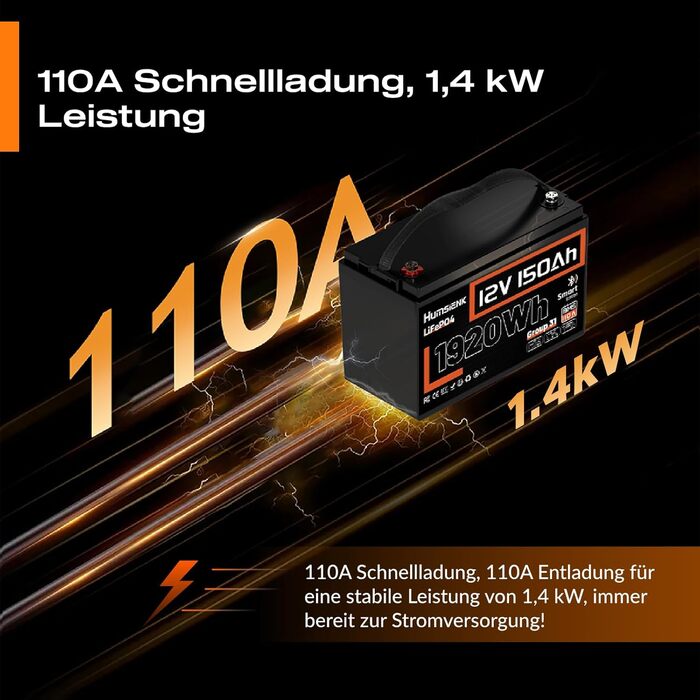 Акумулятор Humsienk 12V 150Ah LiFePO4 з Bluetooth, 110A BMS 1920Wh глибокого циклу літієвої батареї, захист від низьких температур, ідеально підходить для автофургонів, тролінгових моторів, яхт, човнів 12V 150AH-Bluetooth