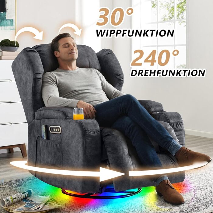 Моторне електричне регульоване крісло-реклайнер з функцією нахилу, поворотне крісло для телевізора з масажем та підігрівом, крісло для кінотеатру з USB/LED/Type C, до 150 кг (оксамитово-сірий, 1) Оксамитово-сірий 1, 2-
