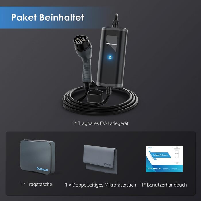 Зарядний пристрій для електромобілів bokman Type 2 Schuko, 5 метрів 16A 3,68 кВт IP65 Водонепроникний, портативний зарядний пристр