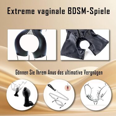 Бондажний шкіряний боді для жінок, з відкритою зоною та регульованими шнурівками, чорний, M/L