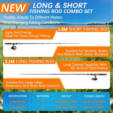Предметний риболовецький набір для дітей, телескопічні вудки 2,1 м 1,8 м, повний комплект з котушкою, приманками та футляром для прісноводної риболовлі, рибальське спорядження для початківців, помаранчевий колір, 118-
