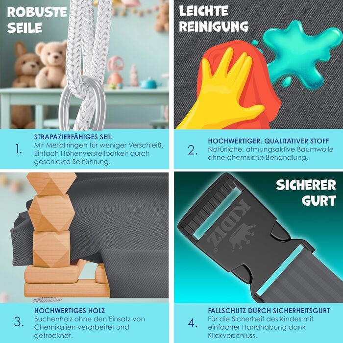 Дитячі гойдалки Дитячі гойдалки Сидіння гойдалки з м'якою оббивкою Дерев'яні гойдалки з захистом від перекидання до 60 кг Регульов