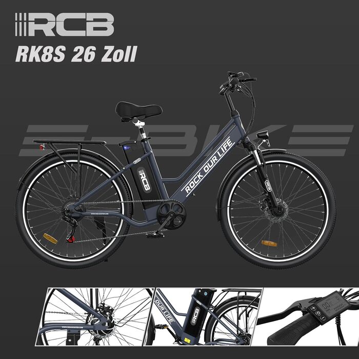 Електровелосипед RCB 26&39, двигун 250 Вт, 7 передач, запас ходу 35-90 км, міський електровелосипед, подвійні дискові гальма, гірський електричний велосипед з водонепроникною велосипедною сумкою, чорний