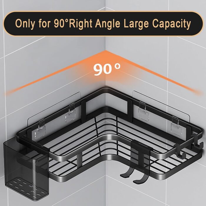 Кутова полиця для душу без свердління, 2 шт., чорна. Органайзер для ванної кімнати з 4 гачками, полиці для душу, аксесуари для душу, тримач для шампуню у ванну кімнату.