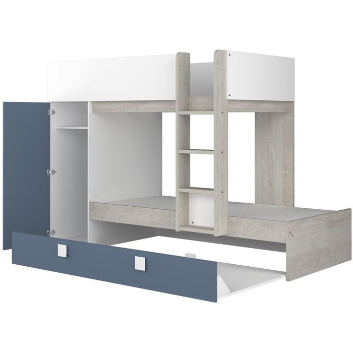 Двох'ярусне ліжко для двох дітей з висувним ліжком і шафою Колір білий потертий і блакитний