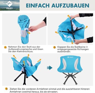 Складаний та портативний кемпінговий стілець VILLEY, синій, складний кемпінговий стілець з алюмінієвою рамою та міцною та дихаючою тканиною, вантажопідйомність 150 кг, кемпінговий стілець з сумкою для використання на свіжому повітрі, риболовля