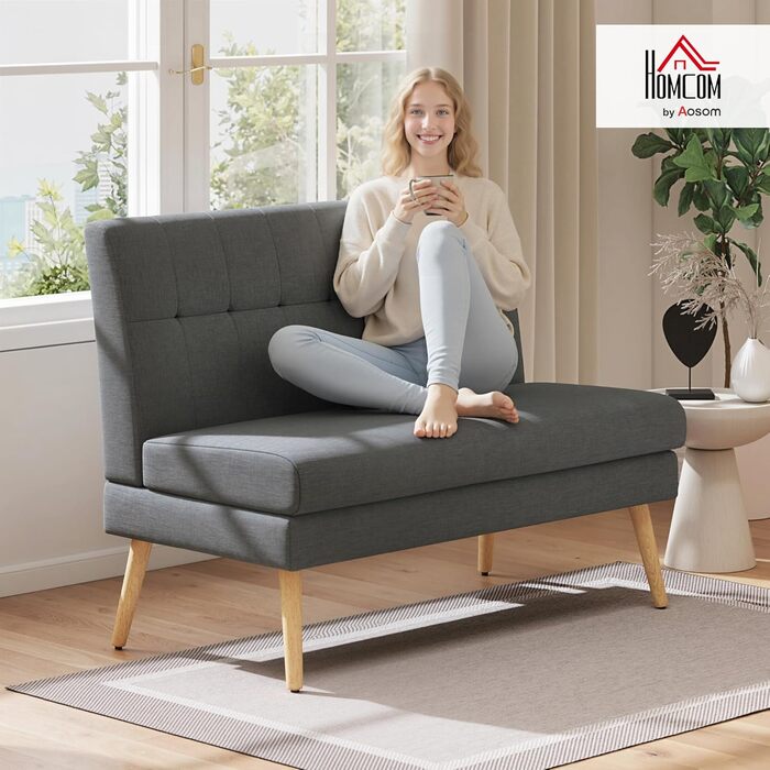 Місний диван HOMCOM з лляним виглядом, спинка з м&39якою оббивкою, невеликий сучасний м&39який диван, 118 см, м&39який двоспальний диван з дерев&39яними ніжками для віталень, невеликі приміщення, темно-сірий, 2-