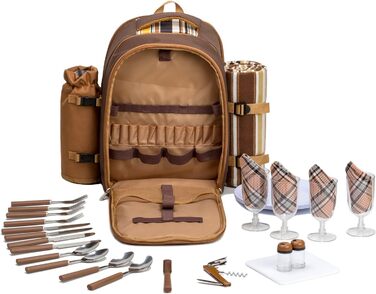 Рюкзак для пікніка Apollo Walker для 4 осіб, комплект для пікніка (комплект та ковдра), термосумка, сумка-холодильник для кемпінгу, пляжу, походів, коричневий-4
