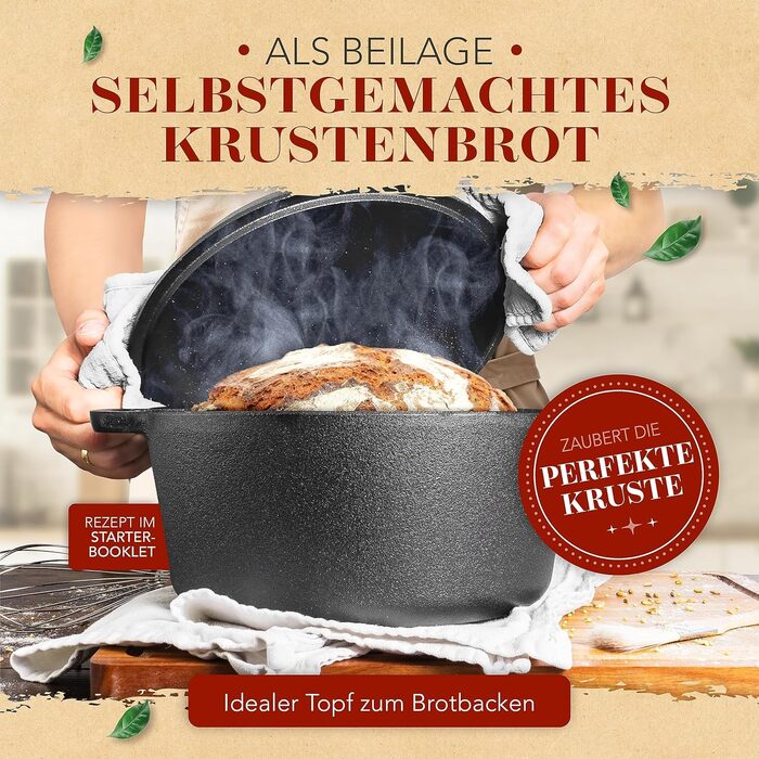 Чавунний горщик KRUSTENZAUBER включаючи виделку для м'яса - Міцна чавунна каструля 26 см з кришкою, підходить для духовки - ідеаль