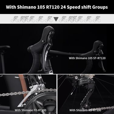 Карбоновий шосейний велосипед KOOTU, легкий шосейний велосипед з повністю карбоновими дисковими гальмами, 24-швидкісною групою Shimano R7120 та гідравлічними дисковими гальмами для дорослих, червоний, 56 см