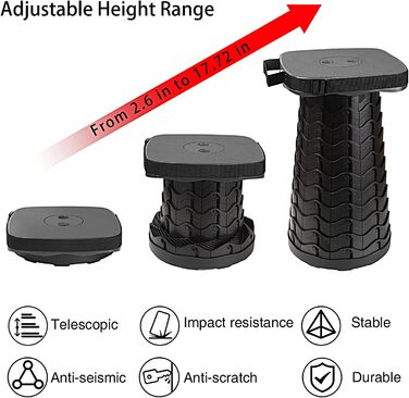 Портативний складаний стілець, телескопічний стілець, складний кемпінговий стілець для кемпінгу на свіжому повітрі, риболовлі, барбекю, використання в приміщенні, кухні, вантажопідйомність 220 кг, чорний