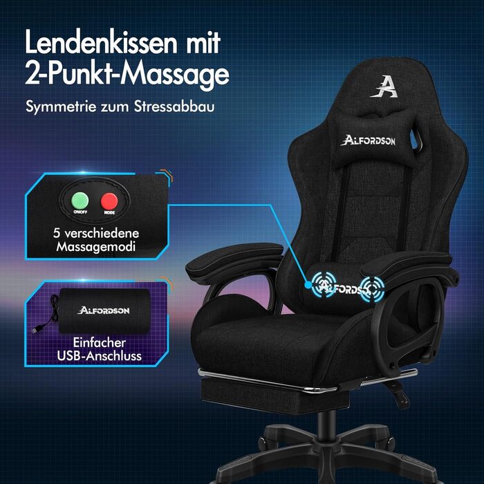 Геймерське масажне крісло ALFORDSON, комп&39ютерне офісне крісло з підставкою для ніг, 2-точкове масажне крісло, вантажопідйомність 180 кг, регульована спинка 90-150, ергономічне комп&39ютерне крісло, поворот на 360, лляна тканина, чорний лляний - темно-ч