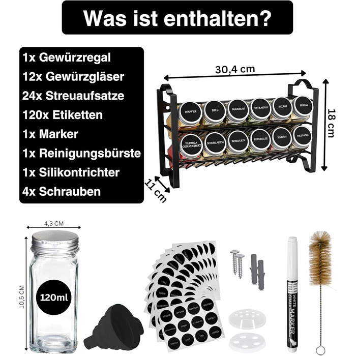 Підставка для спецій Deco haus, настінна та настінна З БАНКАМИ ДЛЯ СПЕЦІЙ ТА ЕТИКЕТКАМИ - Органайзер для спецій - Підставка для спецій, Підвісна система зберігання спецій, Банки для спецій з полицею, Чорний - Набір з 12 предметів