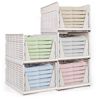 Набір із 5 високих ящиків для зберігання, білі штабелювані органайзери для гардеробу, складні полиці для зберігання, штабелювані ящики для шафи, пластикові ящики для зберігання 42 x 33 x 25 см, 5 шт. XL