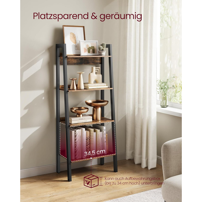 Полиця, 4-ярусна книжкова шафа, шафа для зберігання на ніжках, офіс, вітальня, спальня, кухня, індустріальний стиль, коричневий/чорний LLS054X01 Рустикальний коричневий чорний 34 x 56 x 137,5 см