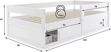 Дитяче ліжко Interbeds, підлогове дерев&39яне ліжко, односпальне ліжко Монтессорі із захистом від падіння та рейковою основою 160x80 см (біле)