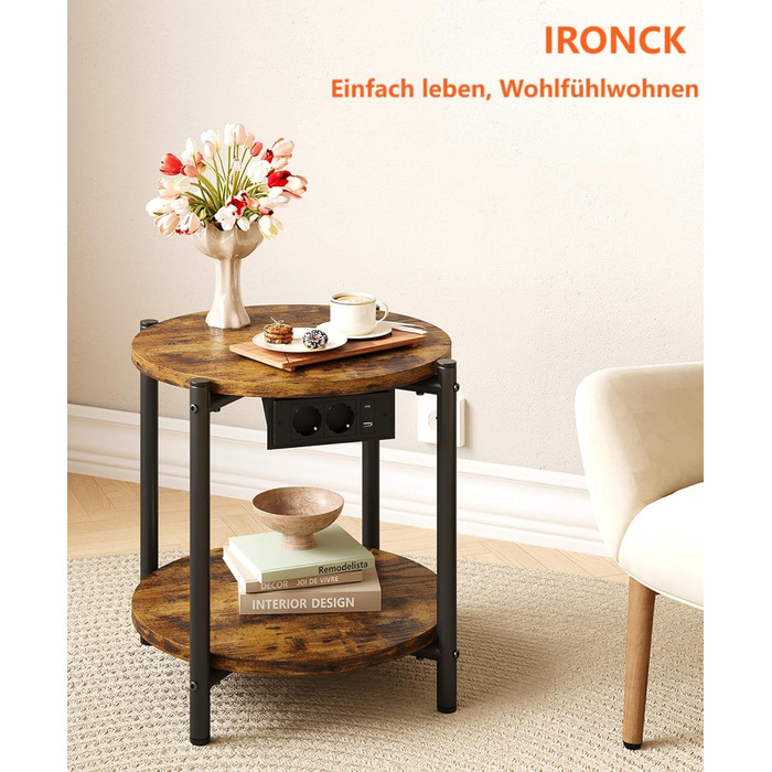 Круглий тумбовий набір з 2 шт. , бічний столик з розеткою, порт USB-C, маленький столик з дерева та металу, журнальний столик для дивана, стіл для вітальні, 2 полиці для спальні (вінтажний коричневий, 2 шт.)
