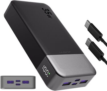 Портативний акумулятор Power Bank 20000 мАг, портативний зарядний пристрій JUOVI 35 Вт, акумуляторна батарея Fast Charge, зовнішня батарея для мобільного телефону PD3.0 QC4.0 зі світлодіодним дисплеєм для iPhone 16 15, Galaxy, планшета, комутатора тощо