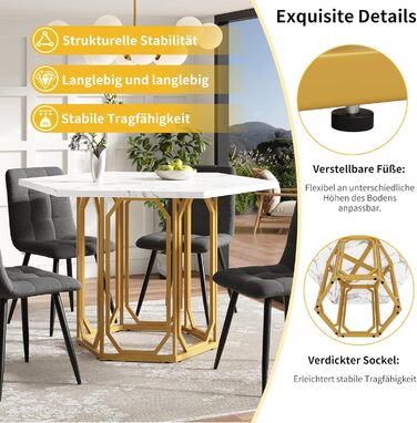 Шестигранний обідній стіл Merax, великий сучасний кухонний обідній стіл для 4-6 осіб, стільниця з МДФ з мармуровим візерунком, міцна металева основа золотого кольору, для кухні, вітальні, 110,2 x 95,4 см (110,2 x 95,4 x 75,5 см) Мармуровий візерунок та зо