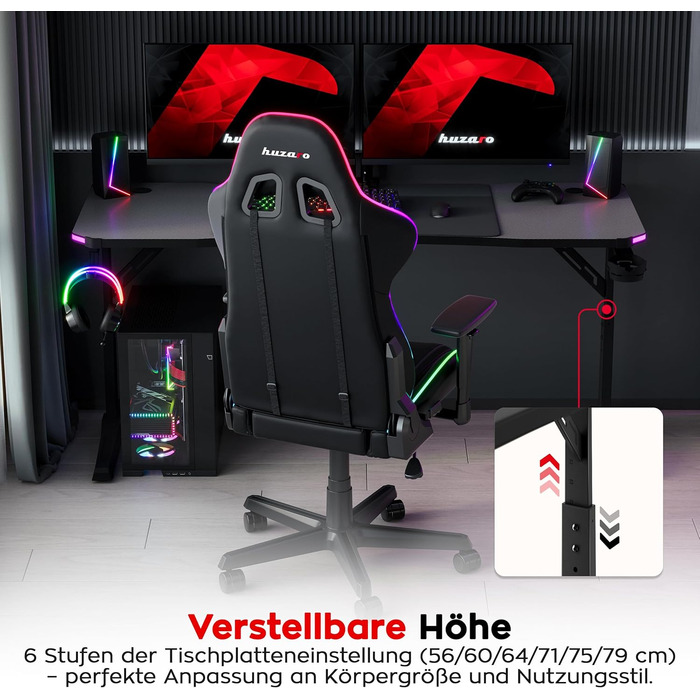 Ігровий стіл huzaro Hero 4.6 RGB - Регульована висота* - Стіл 160x60 см - Поверхня з вуглецевого волокна - Організатор кабелів - Підстаканник та тримач для навушників - ПК-стіл для офісу/домашнього офісу - Чорний RGB