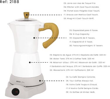 Електрична італійська кавоварка Jocca Nature Line, 6 чашок, бездротовий глечик, електрична основа, поворот на 360, глечик із охолоджувальною ручкою, автоматичне відключення, збереження тепла, білий