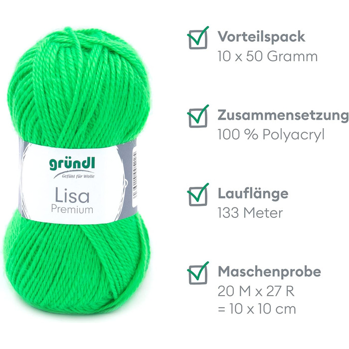 Пряжа Grndl Lisa Premium Uni Knitting & Chet Yarn (м'яка і вовняна характер, проста в догляді миється трикотажна пряжа з 100 поліакрилу, 50 г/ 133 м, розмір голки 3,5 - 4,5, 10 кульок по 50 г кожен), (неоново-зелений)