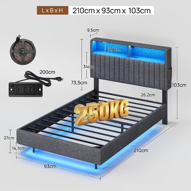 Металеве ліжко-семитуфля 90x200 см зі світлодіодним освітленням, включаючи рейковий каркас, плаваюча конструкція, стабільне та міцне, легке складання, сірого кольору без матраца сірого кольору 90 x 200 см