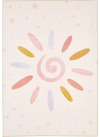 Коротковорсовий дитячий килим для хлопчиків і дівчаток 140 x 200 см Кремовий дизайн сонце і зірки - Килим, що миється Дуже м'який