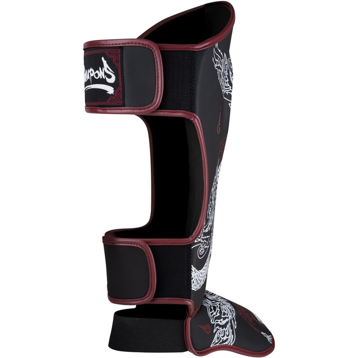 ВИДІВ ЗБРОЇ Щитки для гомілок Sak Yant Naga, чорно-коричневі, для тренувань та змагань, високоякісна синтетична шкіра та ідеальна амортизація, муай-тай, K1, MMA, карате та кікбоксинг, 8