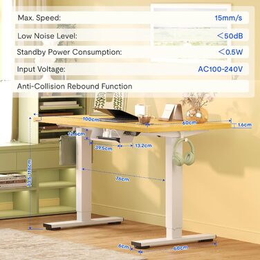 Стіл FlexiSpot з регульованою висотою Basic з організацією кабелів, гачками та цільною стільницею, ергономічний стіл для домашнього офісу, офісний стіл (100x60 см, клен) 100 x 60 см клен біла рама