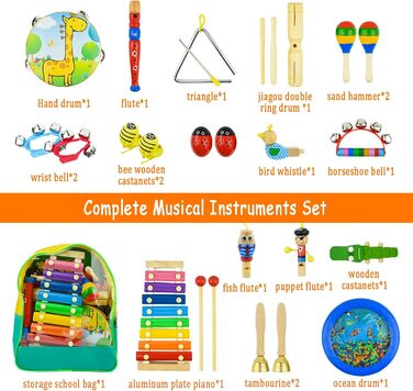 Набір дитячих музичних інструментів з 27 предметів, Kikuo Wooden Instruments Kids, дерев'яні ударні барабани, ритмічні іграшки, сприяє ранньому розвитку, в комплекті рюкзак