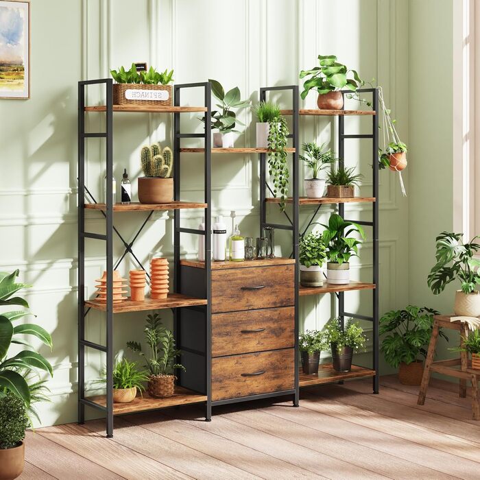 Книжкова полиця 100Ш x 142В см з 4 тканинними шухлядами, окремостояча книжкова полиця, кухонна полиця для вітальні, офісу, балкону, кубічна книжкова полиця, кухонна полиця для зберігання, книжкова шафа, індустріальний дерев&39яний стиль, 4 рівні - 100 см,