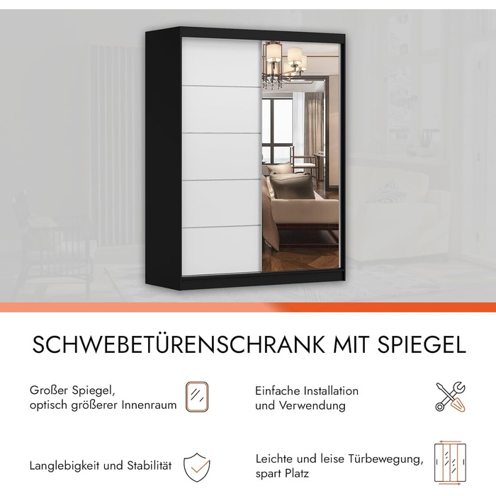 Шафа з дзеркалом, розсувні двері - Шафа з розсувними дверима, шафа для спальні - 61 x 150 x 200 см - Шафа для спальні, гардеробної, шафа - чорний, білий
