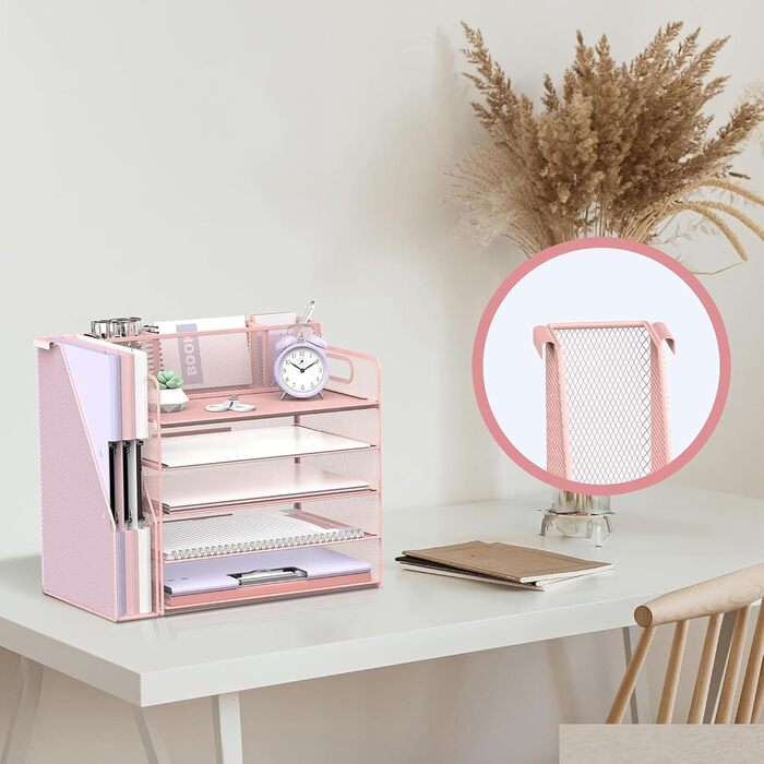 Органайзер для столу з тримачами для файлів, 5 рівнів, органайзер для столу з 3 тримачами для ручок, лотком для паперу та листів для офісу, дому, організації та зберігання, рожевий