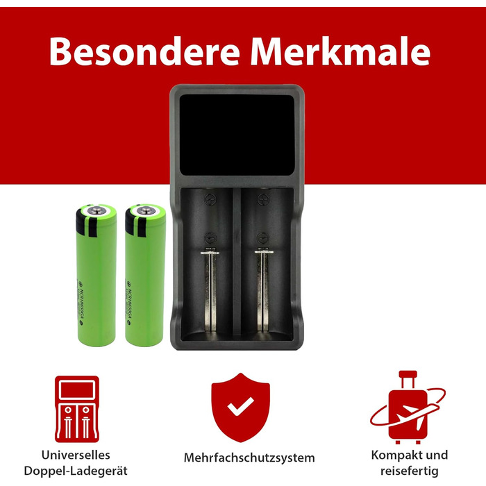 Зарядний пристрій XTAR VC2 з 2 відсіками, включаючи 2 літій-іонні акумулятори (3,45 Аг, живлення від USB - 3,6 В), елементи з піднятим позитивним виводом, незахищені