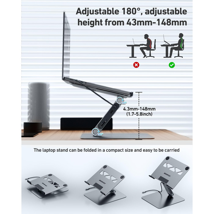 Підставка для ноутбука з 7-в-1 USB-C док-станцією HDMI (4K60Hz), 1SD та 1Micro SD кардридер, живлення 100W, 10Gbps (1USB-C & 2USB-A 3.2) для MacBook Pro/Air, iPad Pro, XPS та ThinkPad