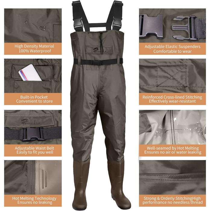 Вейдерси Croch для чоловіків та жінок, рибальські штани, водонепроникні ПВХ-нейлонові з гумовими вейдерсами, розміри 38-47, ідеальні вейдерси та рибальські штани, коричневі, розмір 47