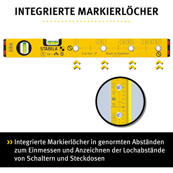 Електричний рівень STABILA, тип 70 Electric, 43 см, легкий алюмінієвий профіль, 1 горизонтальний пухирець, 1 вертикальний пухирець, маркувальні отвори, зроблено в Німеччині, жовтий Тип 70 Electric 43 см