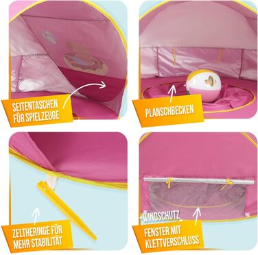Розкладний пляжний намет Портативний пляжний намет із захистом від ультрафіолету та вітру Пляжний м&39яч, вбудована пісочниця, басейн Кишені для зберігання речей, вікно на блискавці для 2 осіб Рожевий