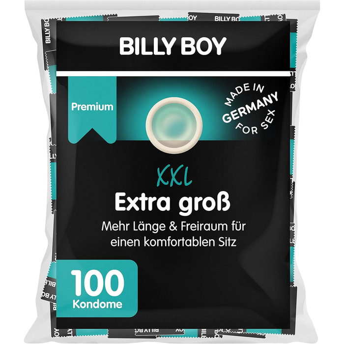 Презервативи Billy Boy Extra Large дуже довгі (195 мм) і широкі (до 62 мм), презервативи розміру XXL, прозорі, 100 шт. (1 упаковка)