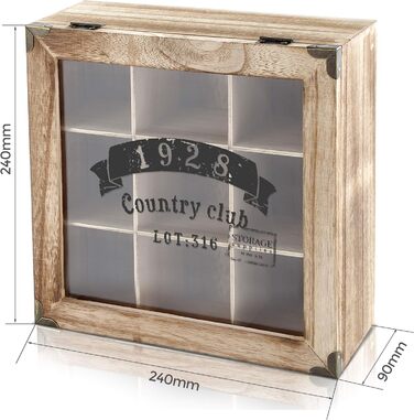 Дерев'яна коробка для чаю Oramics Vintage Look '1928 Country Club з 6 або 9 відділеннями, чайна коробка, чайна коробка, включаючи електронну книгу (9 відділень)