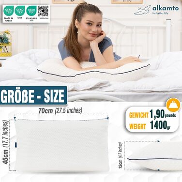 Подушка alkamto з піни з ефектом пам&39яті 70x45 см Ергономічна подушка для підтримки шиї Сертифіковано Oeko-Tex Терморегулюючий чохол Гіпоалергенна та придатна для прання Для сну на спині та на боці