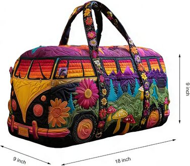 Дорожня сумка TIAASTAP Hippie Van VW Bulli - барвиста богемна стьобана сумка для вихідних зі знаком миру та ромашками, стьобана дорожня сумка, сумка для кемпінгу для свят, карнавалу та вечірок 3