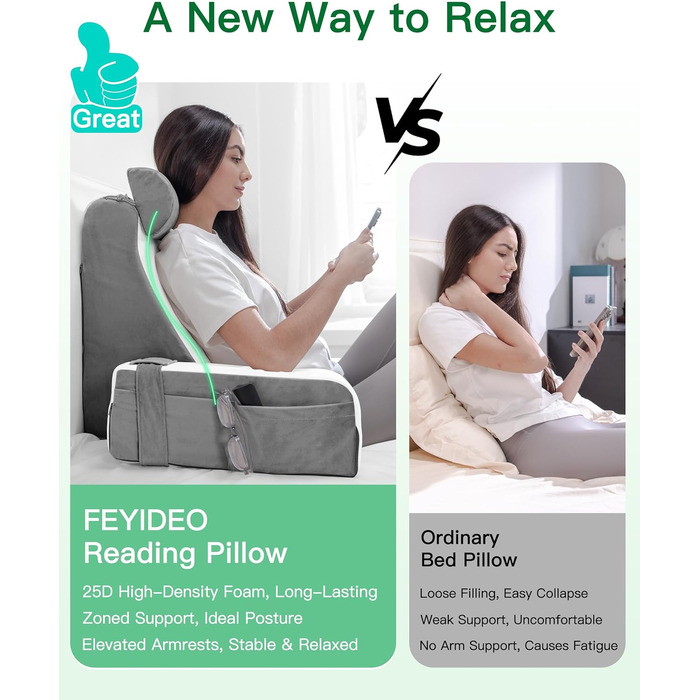 Подушка для читання для ліжка та дивана, подушка для книги зі знімним потиличним валиком та підлокітником, подушка для спини ліжка, настінна подушка, багатофункціональна клиноподібна подушка для читання, роботи, перегляду телевізора