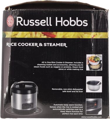 Рисоварка Russell Hobbs Переможець тесту 1,2 л включно Вставка для пароварки з відкидною кришкою Aroma (функція підтримки тепла, каструля з антипригарним покриттям, рисова ложка та мірна чашка, нержавіюча сталь) 27080-56 Рисоварка з пароваркою Одинарна