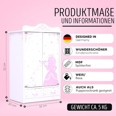 Дитяча шафа habeig XXL, висота 52 см, настінна шафа, підвісна шафа, біла, 2 двері, шафа для ляльок (рожевий/білий 833)