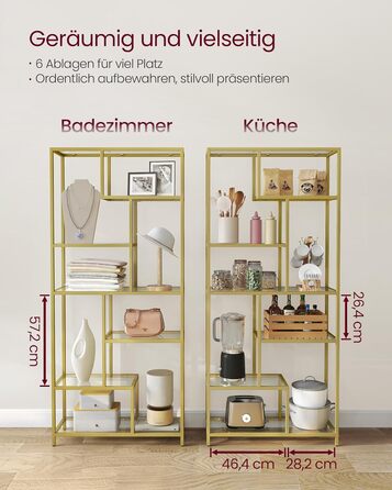 Книжкова полиця VASAGLE, блок із 6 полиць, окремостояча полиця, полиці із загартованого скла, 30 x 80 x 180 см, для кабінету, офісу, вітальні, спальні, кухні, металеве золото-прозоре LGT502A01 металеве золото прозоре загартоване скло сталь