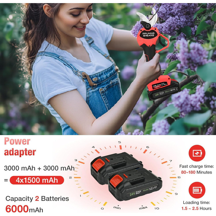 Бездротові електричні секатори 40 мм Електричні секатори з 2 акумуляторами ємністю 3000 мАг, SK5 із запобіжним блокуванням, підходять для садів, гілок та клумб (червоні)