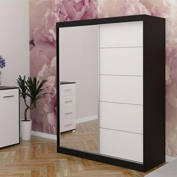 Шафа з дзеркалом, розсувні двері - Шафа з розсувними дверима, шафа для спальні - 61 x 150 x 200 см - Шафа для спальні, гардеробної, шафа - чорний, білий